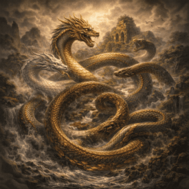 Serpents_ sacred serpent coiled around an ancient stone temple in a dense jungle