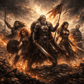 War_ Gods of War standing across a fractured battlefield landscape at twilight