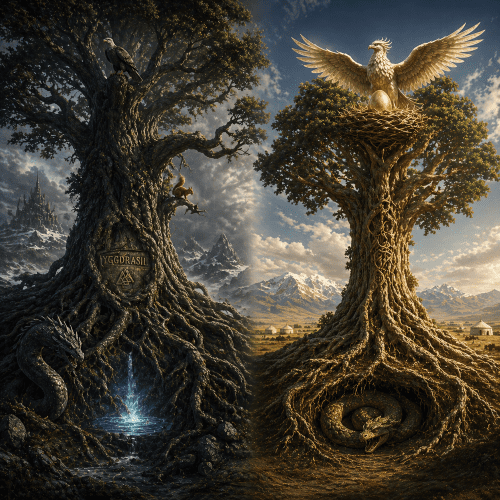 Yggdrasil vs Baiterek as Dual trees of mythic realms