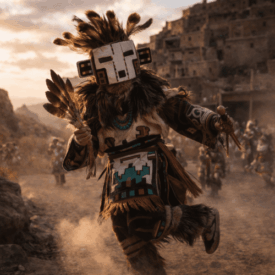 A cultural scene inspired by Zuni mythology: ceremonial dancers wearing kachina masks