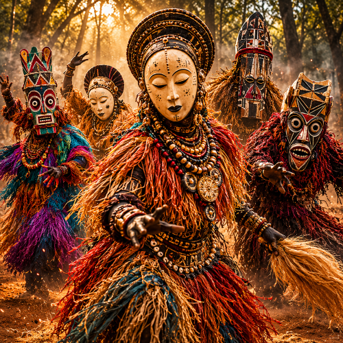 5 tribal dancers wearing Makishi masks