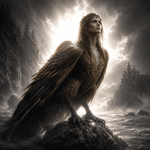 Alkonost, a Slavic bird-woman with the body of a radiant bird and the head of a serene, beautiful woman