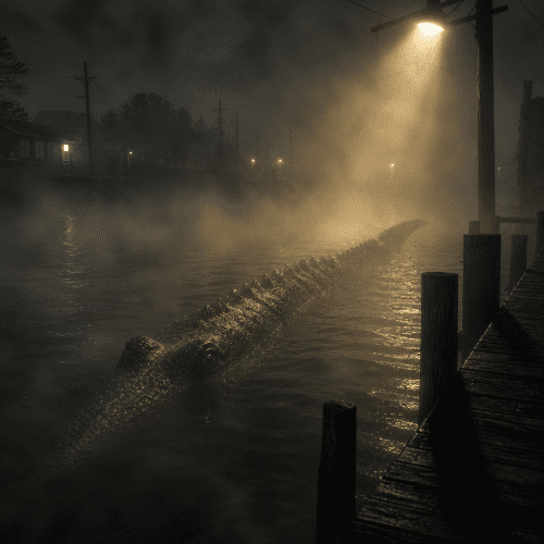 Altamaha-ha emerging from a misty marsh at dawn