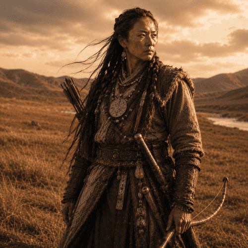 Ay-Khuuchin, the Khakass warrior maiden, standing in the Siberian steppe