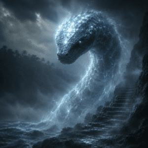 Bakwa, the giant serpent guardian from Kalinago tradition, emerging from the Atlantic Ocean onto the volcanic cliffs of Dominica