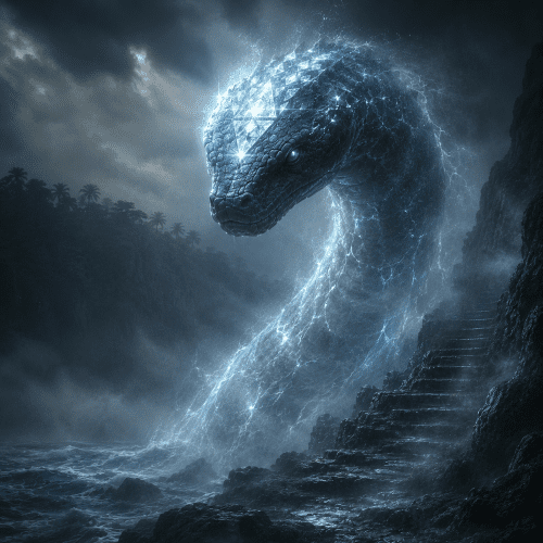 Bakwa, the giant serpent guardian from Kalinago tradition, emerging from the Atlantic Ocean onto the volcanic cliffs of Dominica