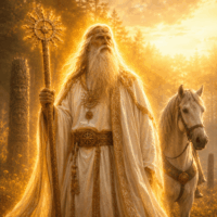 Mythlok - Belobog_ Belobog standing at sunrise in an ancient Eastern European forest