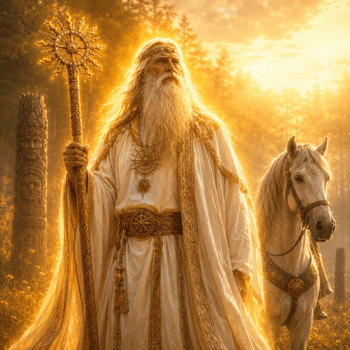 Belobog standing at sunrise in an ancient Eastern European forest
