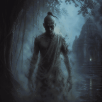 Brahmarakshasa standing beneath a massive banyan tree at night,