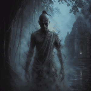 Brahmarakshasa standing beneath a massive banyan tree at night,