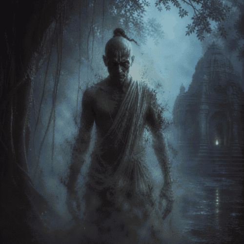 Brahmarakshasa standing beneath a massive banyan tree at night,