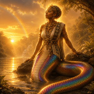 Bunzi, the rainbow serpent goddess from Kongo tradition, emerging gracefully from a sacred Central African river at sunset
