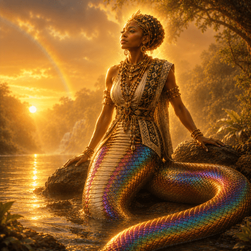 Bunzi, the rainbow serpent goddess from Kongo tradition, emerging gracefully from a sacred Central African river at sunset