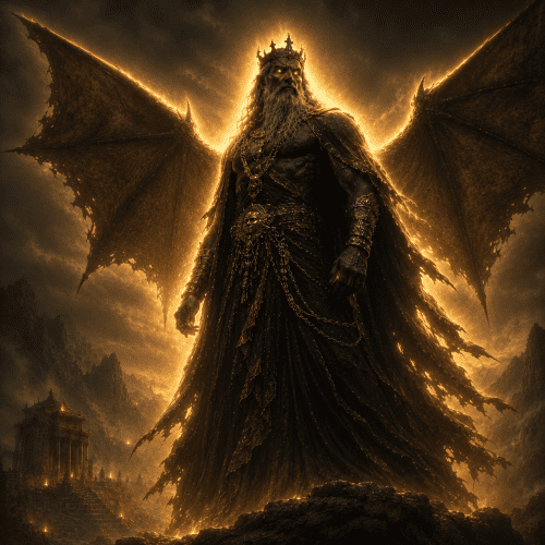 Chernabog, the dark Slavic god, standing atop a jagged mountain during a stormy midnight sky,