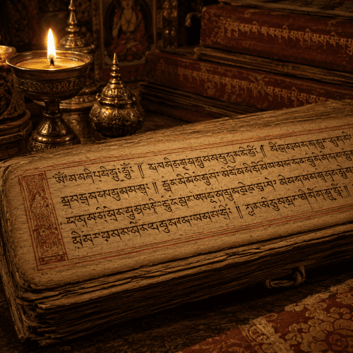 Himalayan monastery library with ancient Classical Tibetan manuscripts