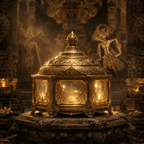 Cupu Manik Astagina from Javanese mythology, a glowing sacred jewel casket floating in a dark ancient temple chamber