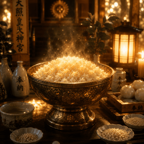 Divine Rice of Amaterasu served in a temple setting