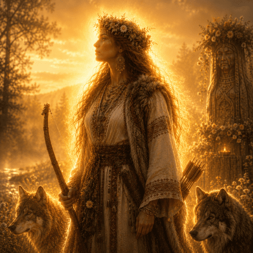 Dziewanna, the Slavic goddess of forests and hunting, standing deep within an ancient forest