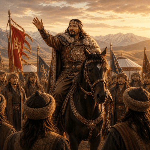 mythological scene from Epic of Manas where Manas, a powerful Central Asian warrior standing on a vast steppe
