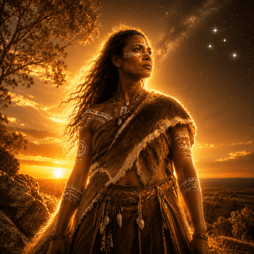 Ganhanbili from Kamilaroi tradition standing beneath the Australian night sky