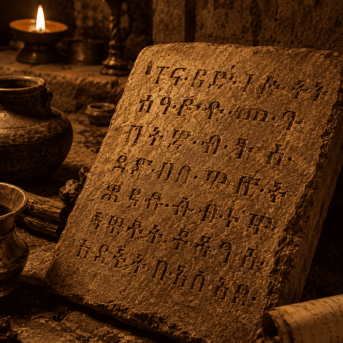 Ge’ez manuscripts inside a stone monastery in Ethiopia
