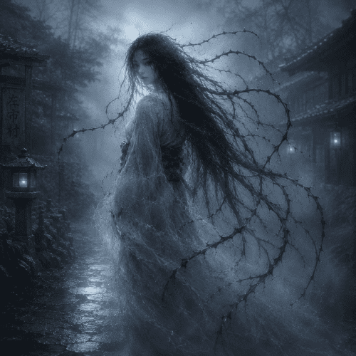 Harionago standing on a dimly lit rural Japanese road at night