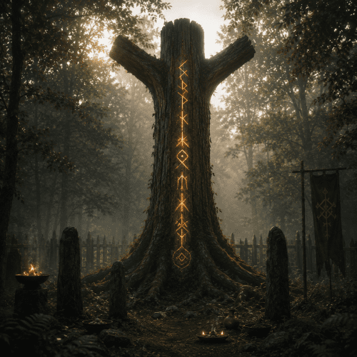 Irminsul sacred pillar standing within an ancient Saxon forest