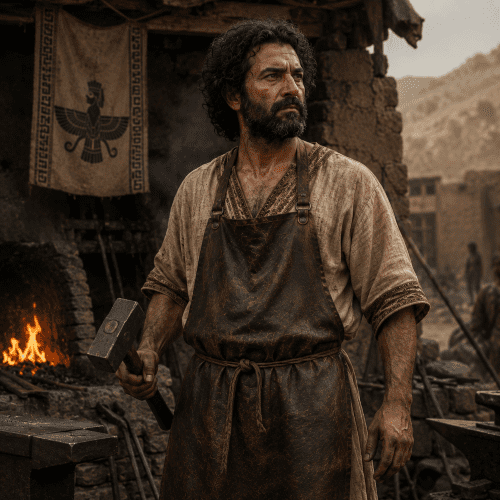 Kaveh the Blacksmith standing in a dim forge