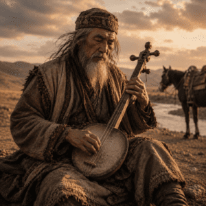 Korkyt Ata sitting alone on the windswept Kazakh steppe beside the Syr Darya River