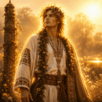 Lado, an enigmatic youthful male fertility deity standing in a misty midsummer forest clearing