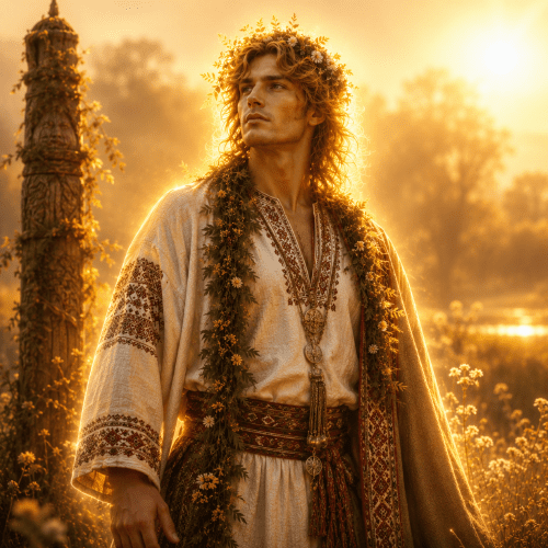 Lado, an enigmatic youthful male fertility deity standing in a misty midsummer forest clearing