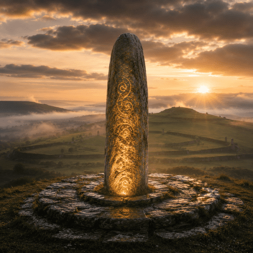 Lia F&aacute;il standing atop the Hill of Tara in ancient Ireland