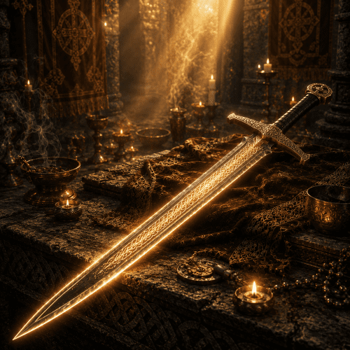 Irish weapon Mac an Luinn in a sacred chamber