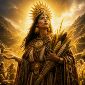 Mama Sara, the Inca Maize Mother, depicted as a serene young Andean woman