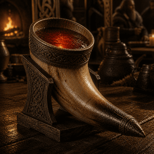 Mead of Poetry resting on a Norse table