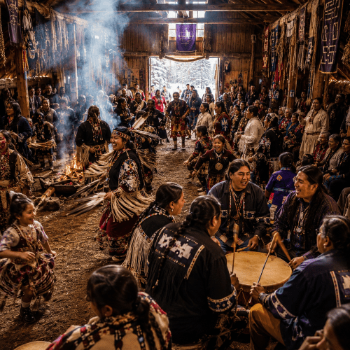 Indoor gathering in a wooden longhouse during the Midwinter Ceremony