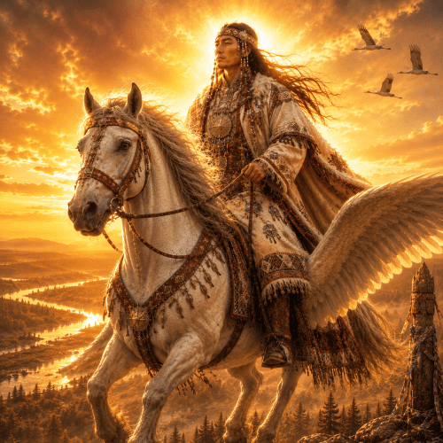 Mir-Susne-Khum from Khanty and Mansi tradition riding a massive horse