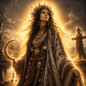 Morana, the Slavic goddess of winter and death, standing in a frozen pine forest