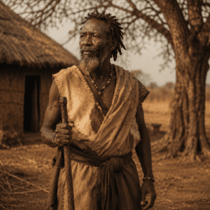 Mugo wa Kibiru, legendary Kikuyu prophet from Kenya, standing beside a sacred Mugumo fig tree during sunset