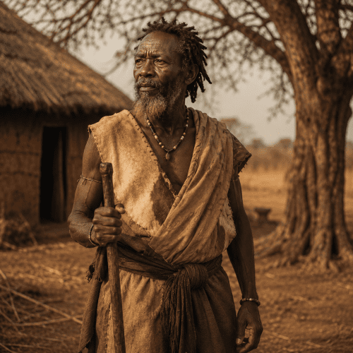 Mugo wa Kibiru, legendary Kikuyu prophet from Kenya, standing beside a sacred Mugumo fig tree during sunset