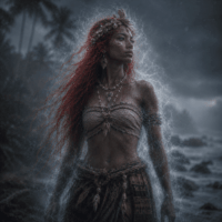 Nei Tituaabine from Kiribati mythology standing in a lush Pacific island grove