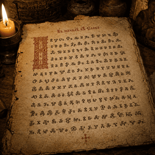Old Church Slavonic manuscript with candlelight ambiance