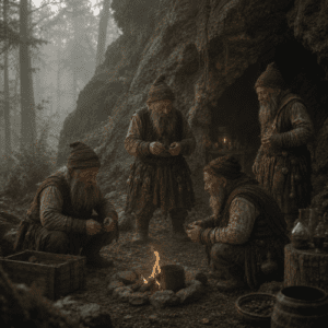 Patuljci from Slavic folklore inside an ancient forest cave