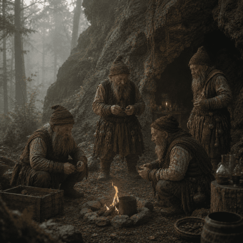 Patuljci from Slavic folklore inside an ancient forest cave