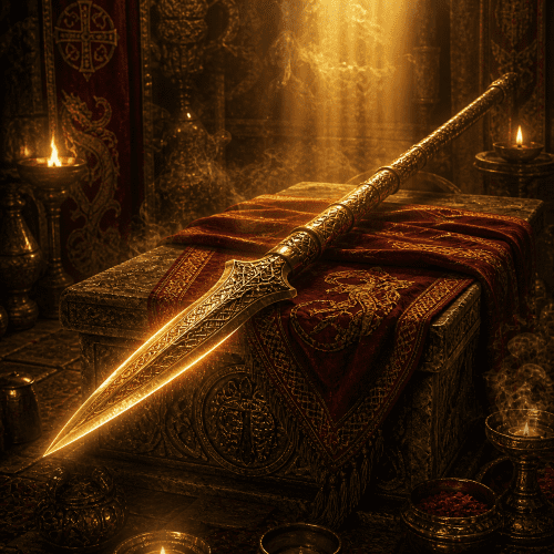 Rhongomyniad, a long ancient Celtic spear with subtle engravings