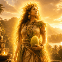 Mythlok - Sinlaku f Sinlaku, the mysterious Kosraean breadfruit goddess, standing within the sacred Menke Valley of Micronesia