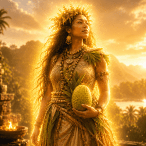 f Sinlaku, the mysterious Kosraean breadfruit goddess, standing within the sacred Menke Valley of Micronesia