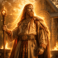 Mythlok - Svarozhich Svarozhich the Slavic god of sacred fire standing before an ancient Slavic wooden temple