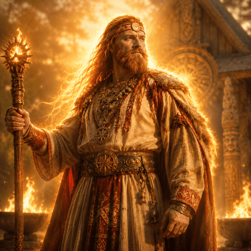 Svarozhich the Slavic god of sacred fire standing before an ancient Slavic wooden temple