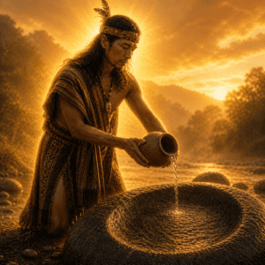 Talanganay standing beside a sacred river stone in Northern Luzon